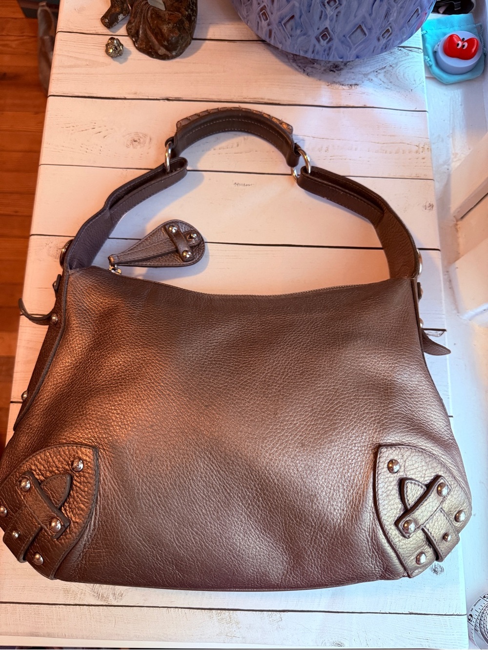 Furla | Vintage Metallic Taupe Pebbled Leather Hobo‎ Shoulder Bag - Picture 3 of 15